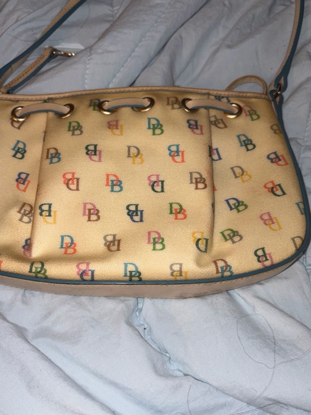 Dooney & Bourke Cream Multicolor DB Logo Drawstring Shoulder Bag - Picture 2 of 4